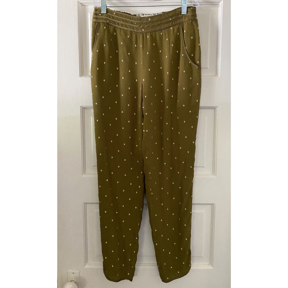 Anthropologie Elevenses Olive Green Embroidered Gold Diamond Boho pants. Size 2.